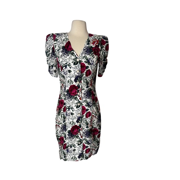 All that Jazz Dresses & Skirts - All that Jazz Floral Button Front Mini Dress Puff Sleeve White Red 80 SZ 7/8